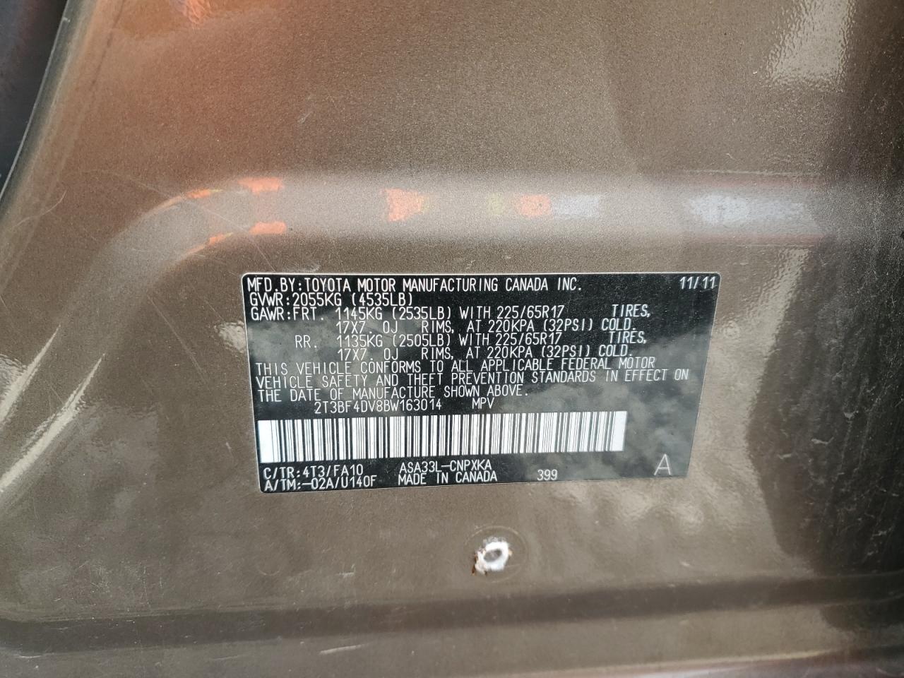 2011 Toyota RAV 4 VIN 2T3BF4DV8BW163014 Copart auction photo, rear end damage thumbnail 13