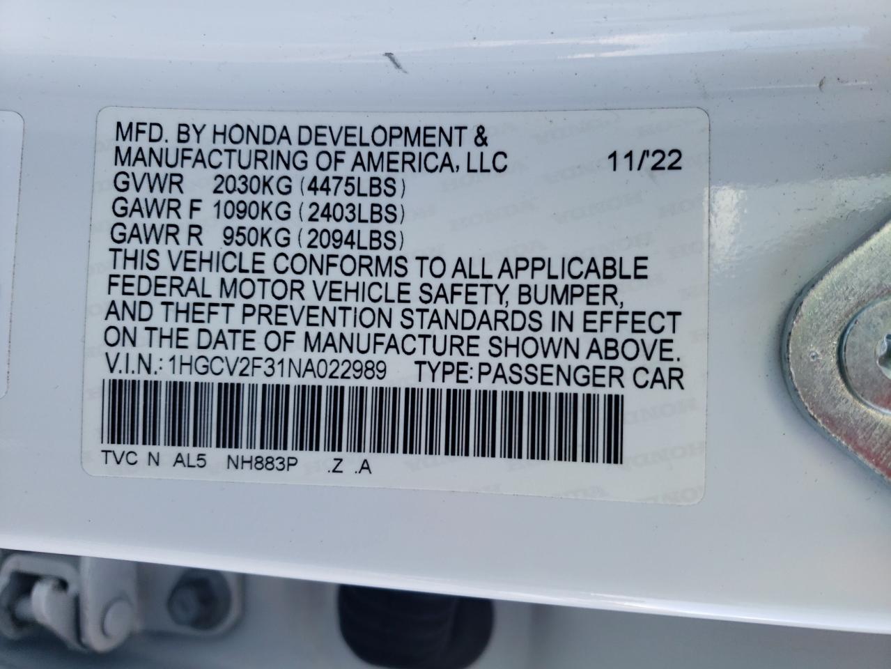 2022 Honda Accord VIN 1HGCV2F31NA022989 Copart auction photo, front end damage thumbnail 14
