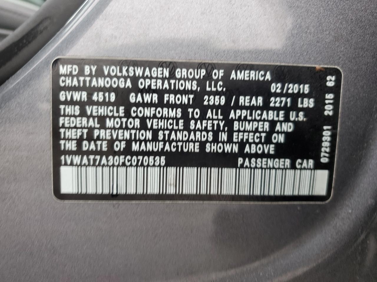 2015 Volkswagen Passat VIN 1VWAT7A30FC070535 Copart auction photo, front end / minor dent/scratches damage thumbnail 13
