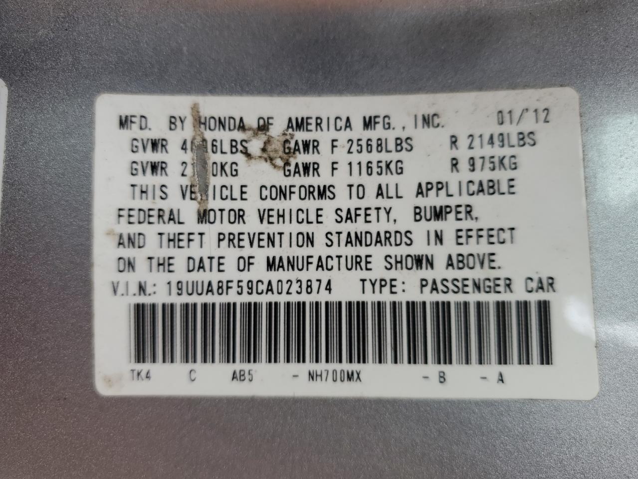 2012 Acura TL VIN 19UUA8F59CA023874 Copart auction photo, front end damage thumbnail 12