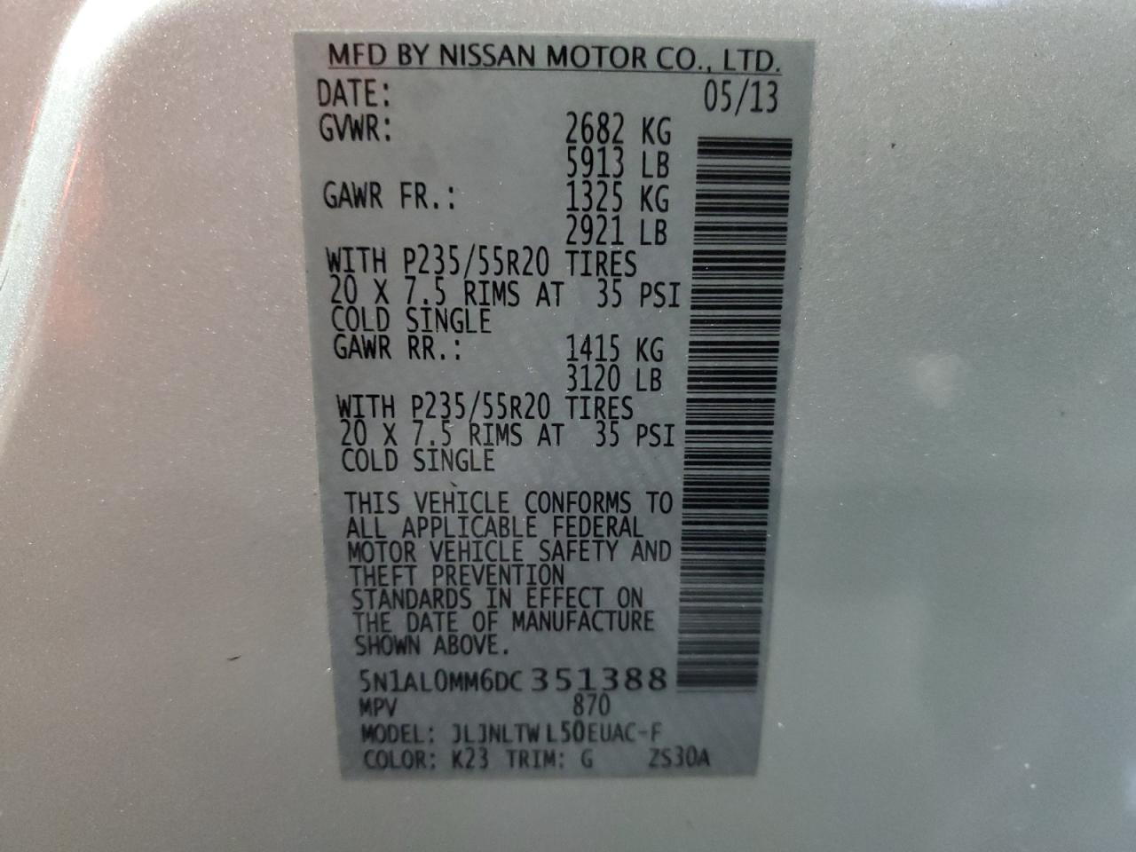 2013 Infiniti JX VIN 5N1AL0MM6DC351388 Copart auction photo, front end / minor dent/scratches damage thumbnail 16