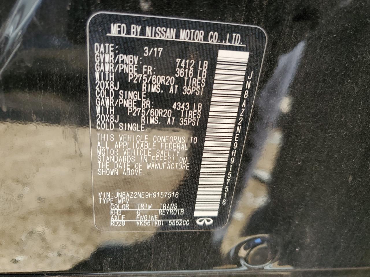 2017 Infiniti QX80 VIN JN8AZ2NE9H9157516 Copart auction photo, mechanical / front end damage thumbnail 14