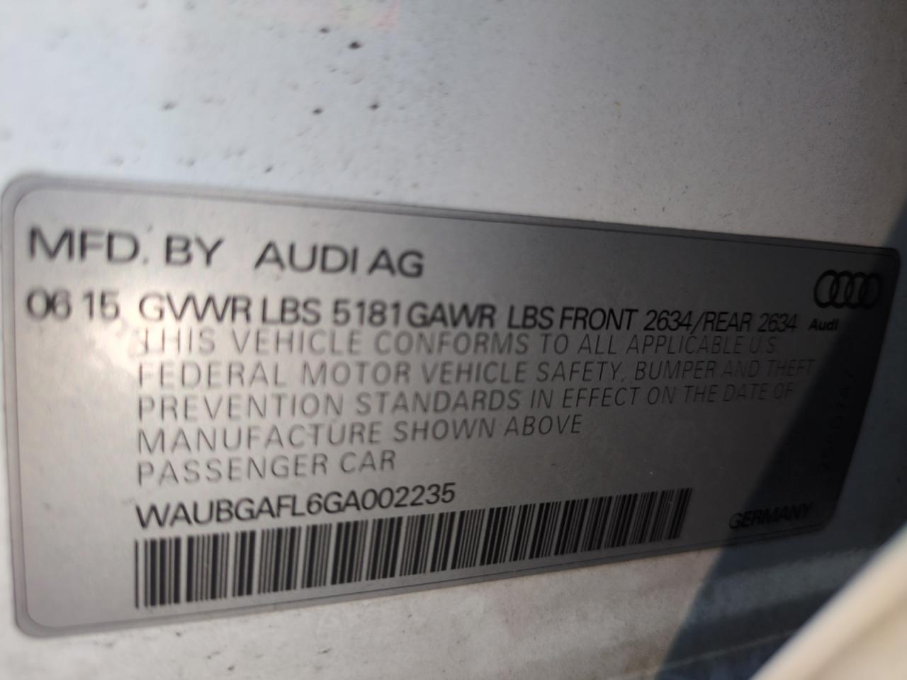 2016 Audi RS4 VIN WAUBGAFL6GA002235 Copart auction photo, water/flood damage thumbnail 13