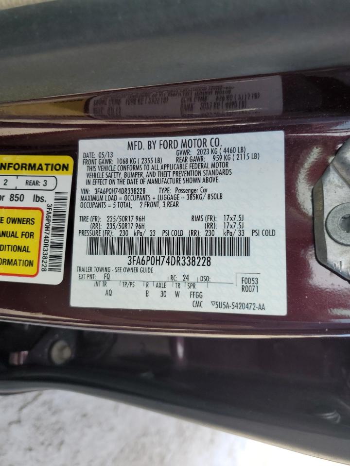 2013 Ford Fusion VIN 3FA6P0H74DR338228 Copart auction photo, side / front end damage thumbnail 14