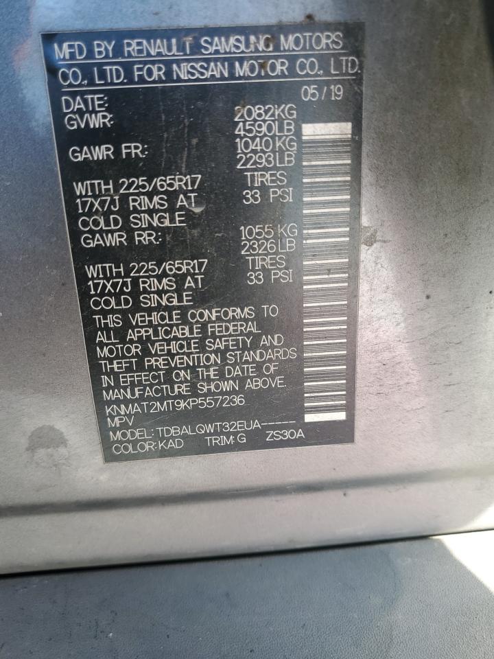 2019 Nissan Rogue VIN KNMAT2MT9KP557236 Copart auction photo, front end / rear end damage thumbnail 15