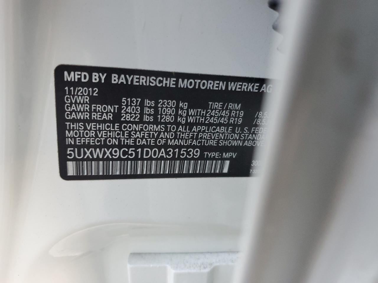2013 BMW X3 VIN 5UXWX9C51D0A31539 Copart auction photo, front end damage thumbnail 14