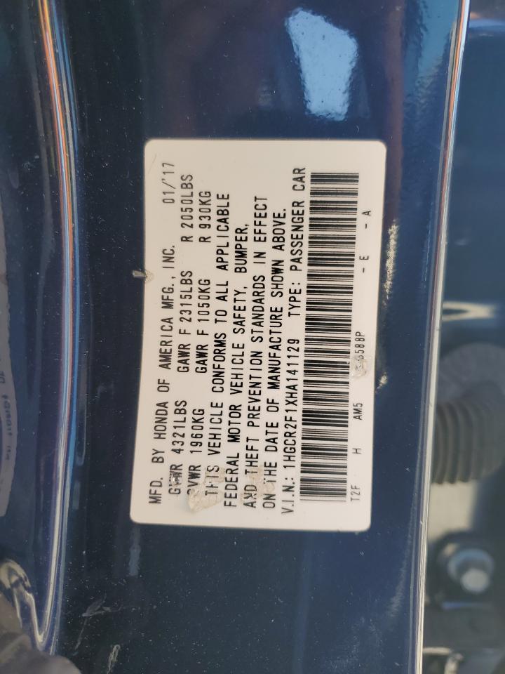 2017 Honda Accord VIN 1HGCR2F1XHA141129 Copart auction photo, front end damage thumbnail 14