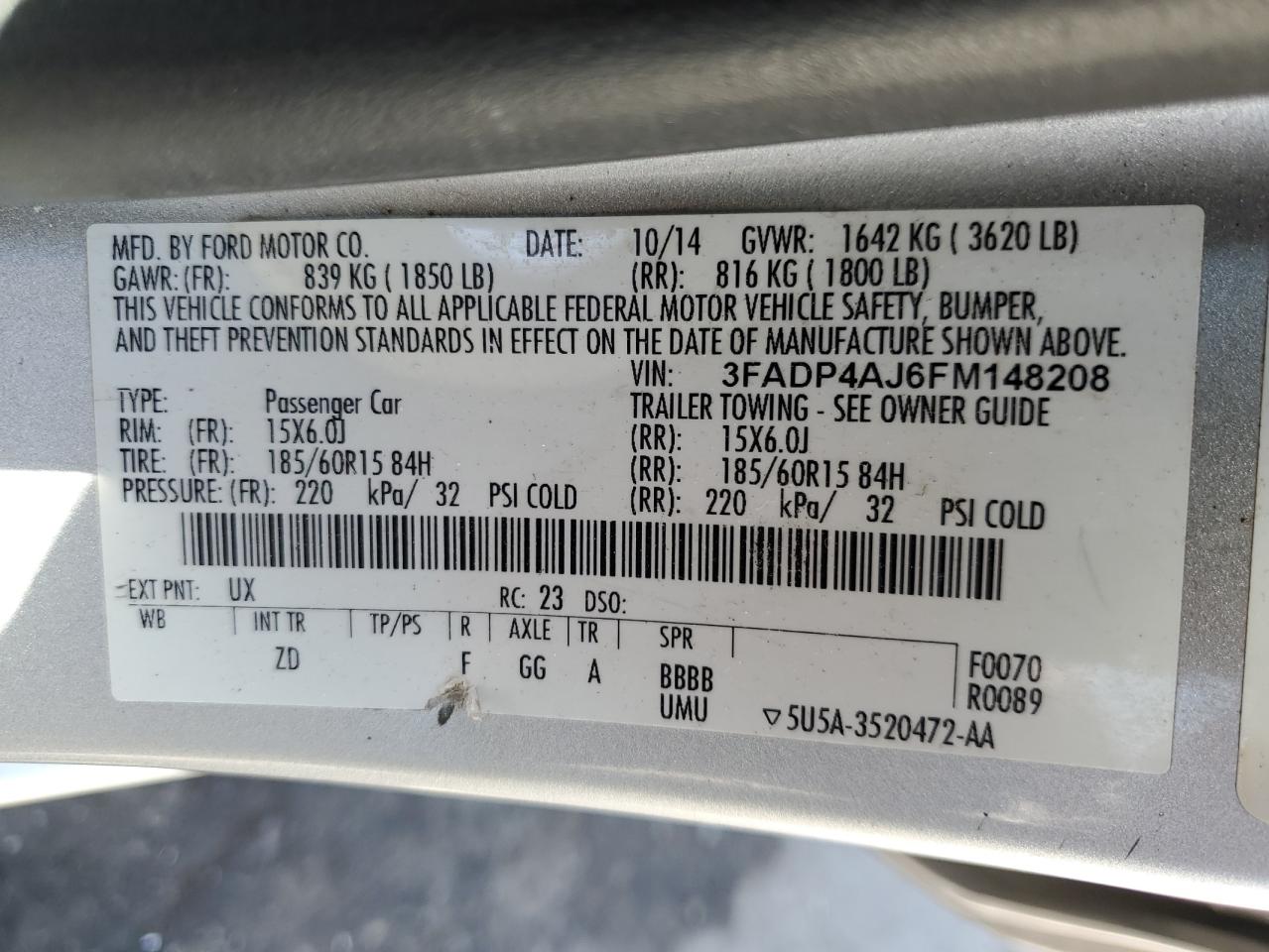 2015 Ford Fiesta VIN 3FADP4AJ6FM148208 Copart auction photo, minor dent/scratches / hail damage thumbnail 12