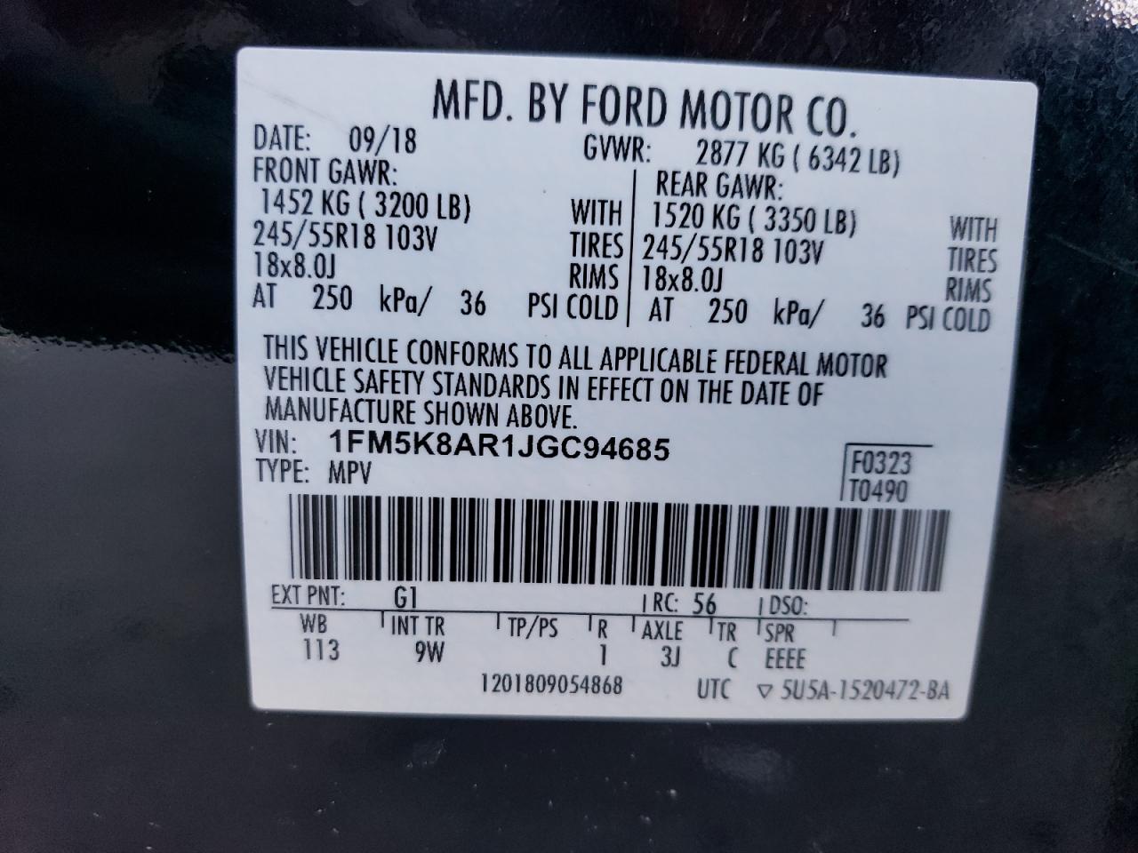 2018 Ford Explorer VIN 1FM5K8AR1JGC94685 Copart auction photo, front end / undercarriage damage thumbnail 13