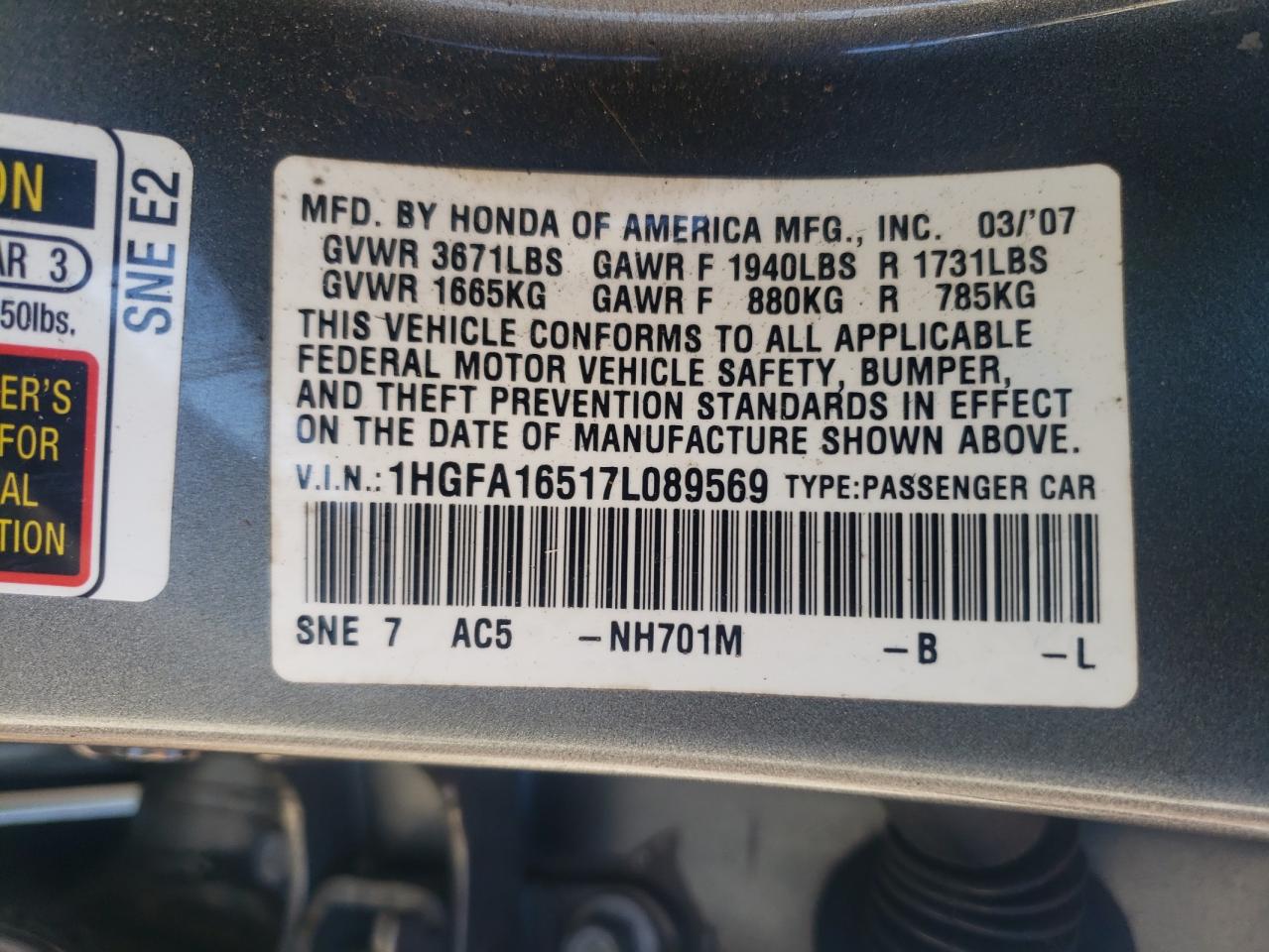 2007 Honda Civic VIN 1HGFA16517L089569 Copart auction photo, rear end / front end damage thumbnail 13