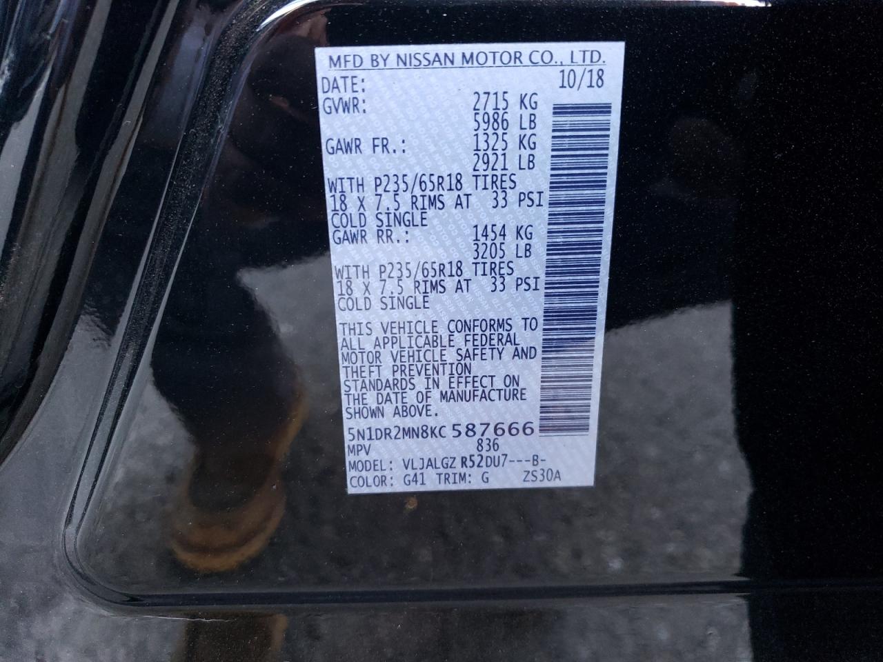 2019 Nissan Pathfinder VIN 5N1DR2MN8KC587666 Copart auction photo, front end damage thumbnail 16