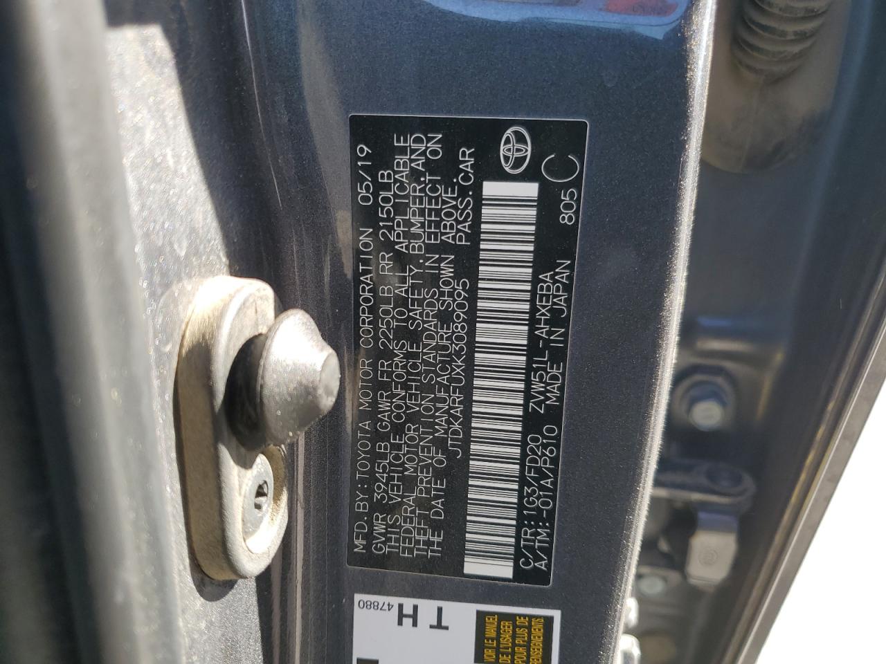2019 Toyota Prius VIN JTDKARFUXK3089095 Copart auction photo, all over damage thumbnail 12