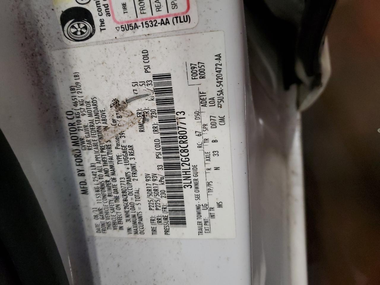 2012 Lincoln MKZ VIN 3LNHL2GC8CR807713 Copart auction photo, front end / side damage thumbnail 12