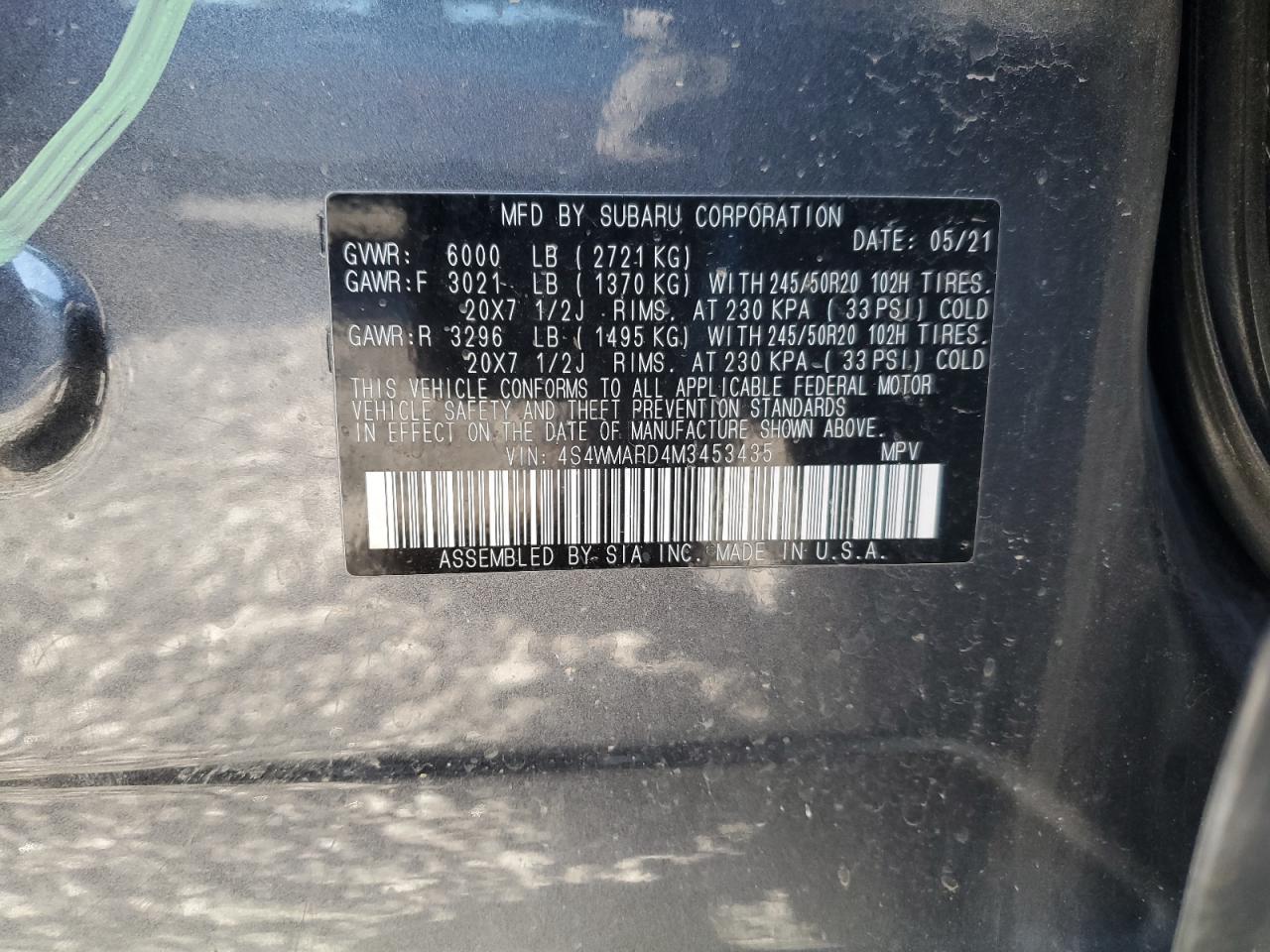2021 Subaru Ascent VIN 4S4WMARD4M3453435 Copart auction photo, side / front end damage thumbnail 13