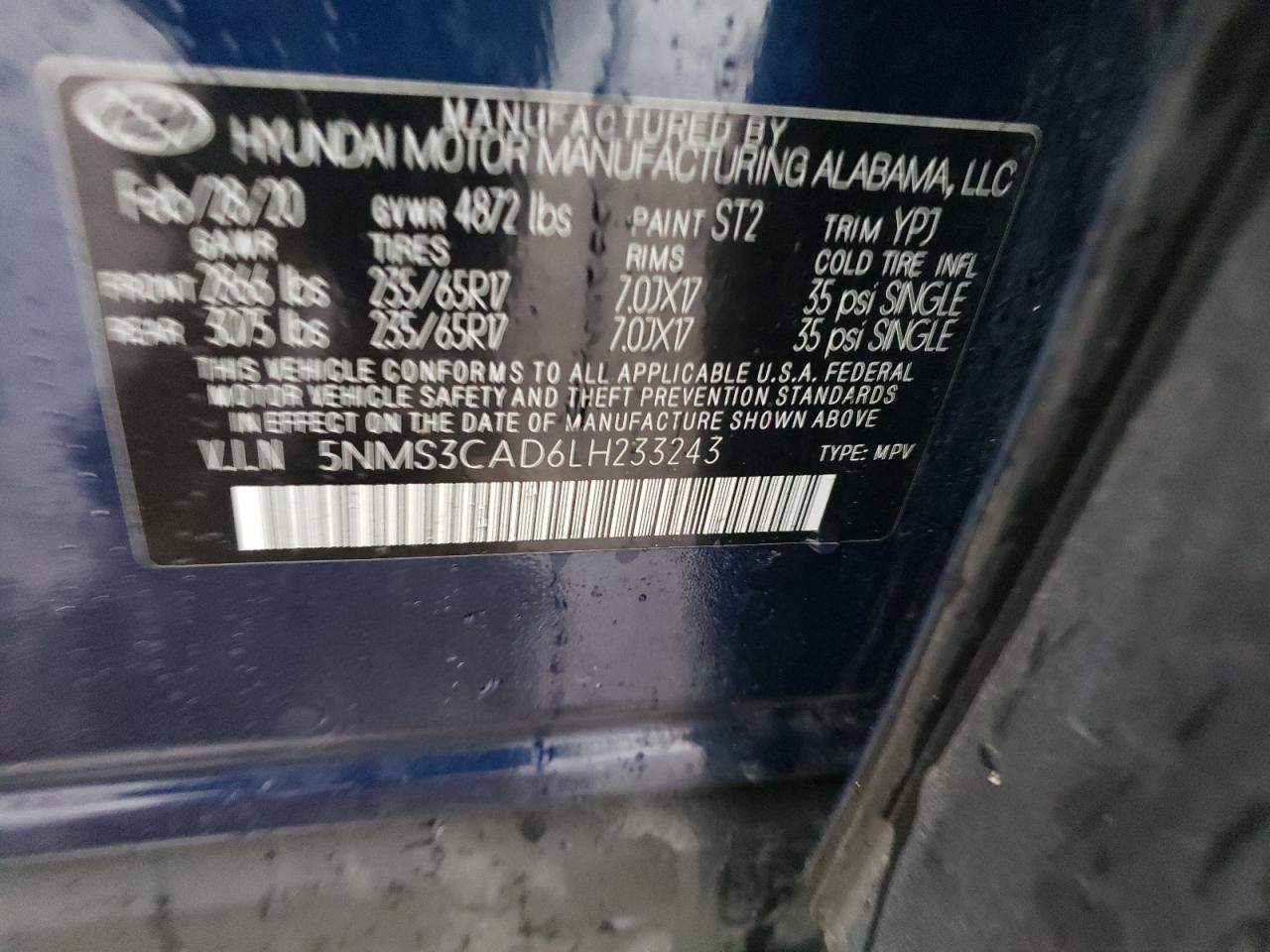 2020 Hyundai Santa Fe VIN 5NMS3CAD6LH233243 Copart auction photo, rear end damage thumbnail 14