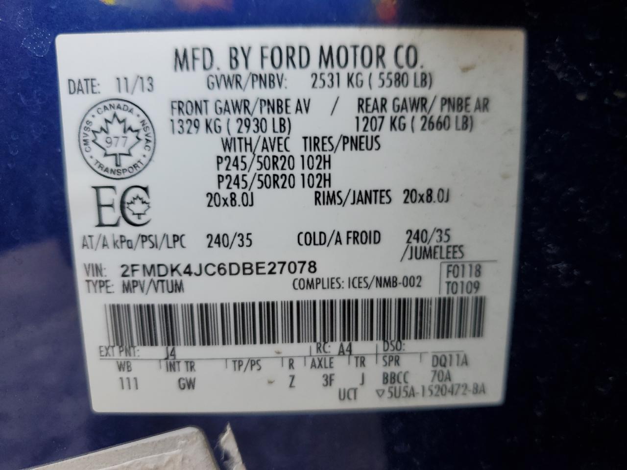 2013 Ford Edge VIN 2FMDK4JC6DBE27078 Copart auction photo, front end / hail damage thumbnail 13