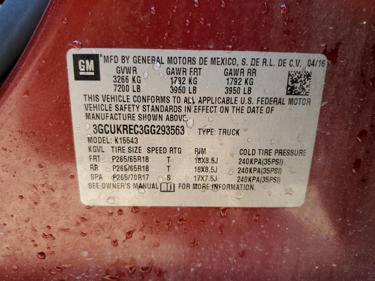 2016 Chevrolet Silverado VIN 3GCUKREC3GG293563 Copart auction photo, front end / side damage thumbnail 13