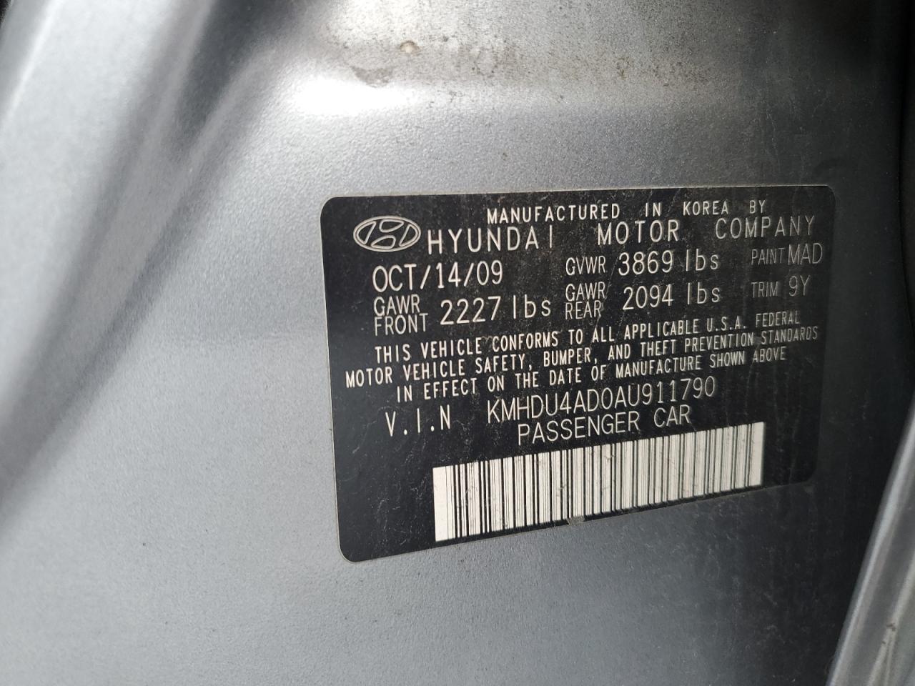 2010 Hyundai Elantra VIN KMHDU4AD0AU911790 Copart auction photo, front end / side damage thumbnail 13