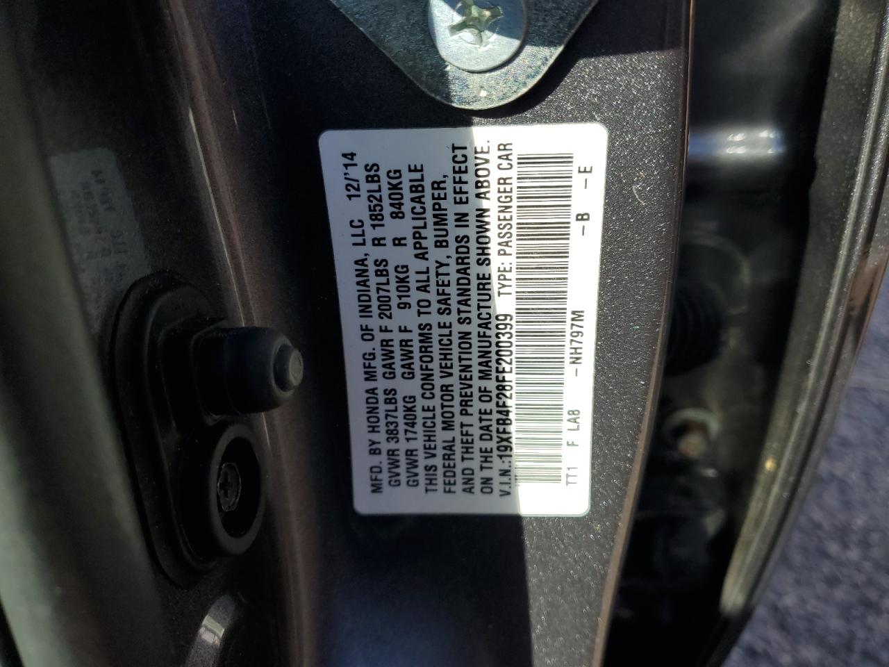 2015 Honda Civic VIN 19XFB4F28FE200399 Copart auction photo, undercarriage damage thumbnail 12