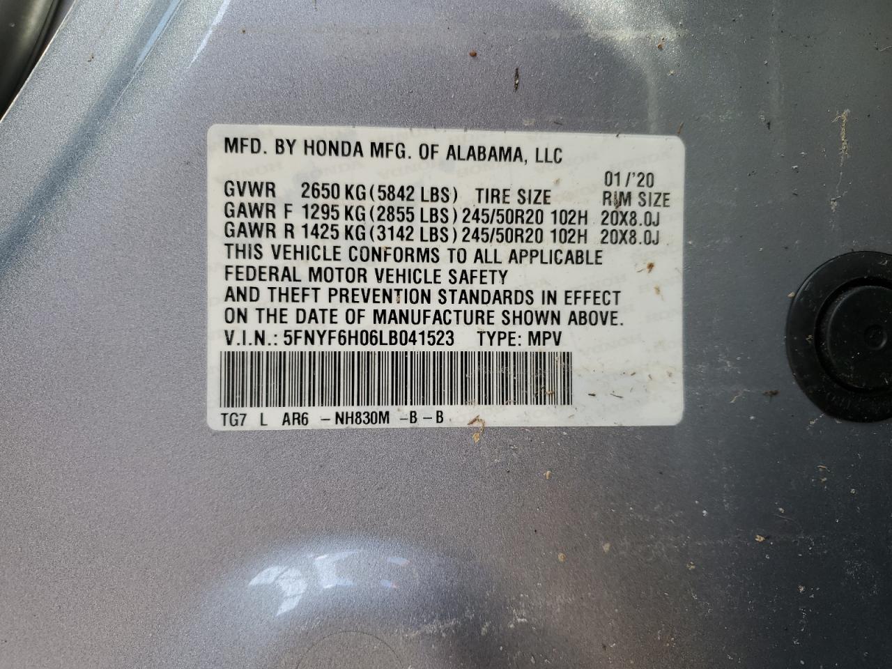 2020 Honda Pilot VIN 5FNYF6H06LB041523 Copart auction photo, water/flood / burn - interior damage thumbnail 13
