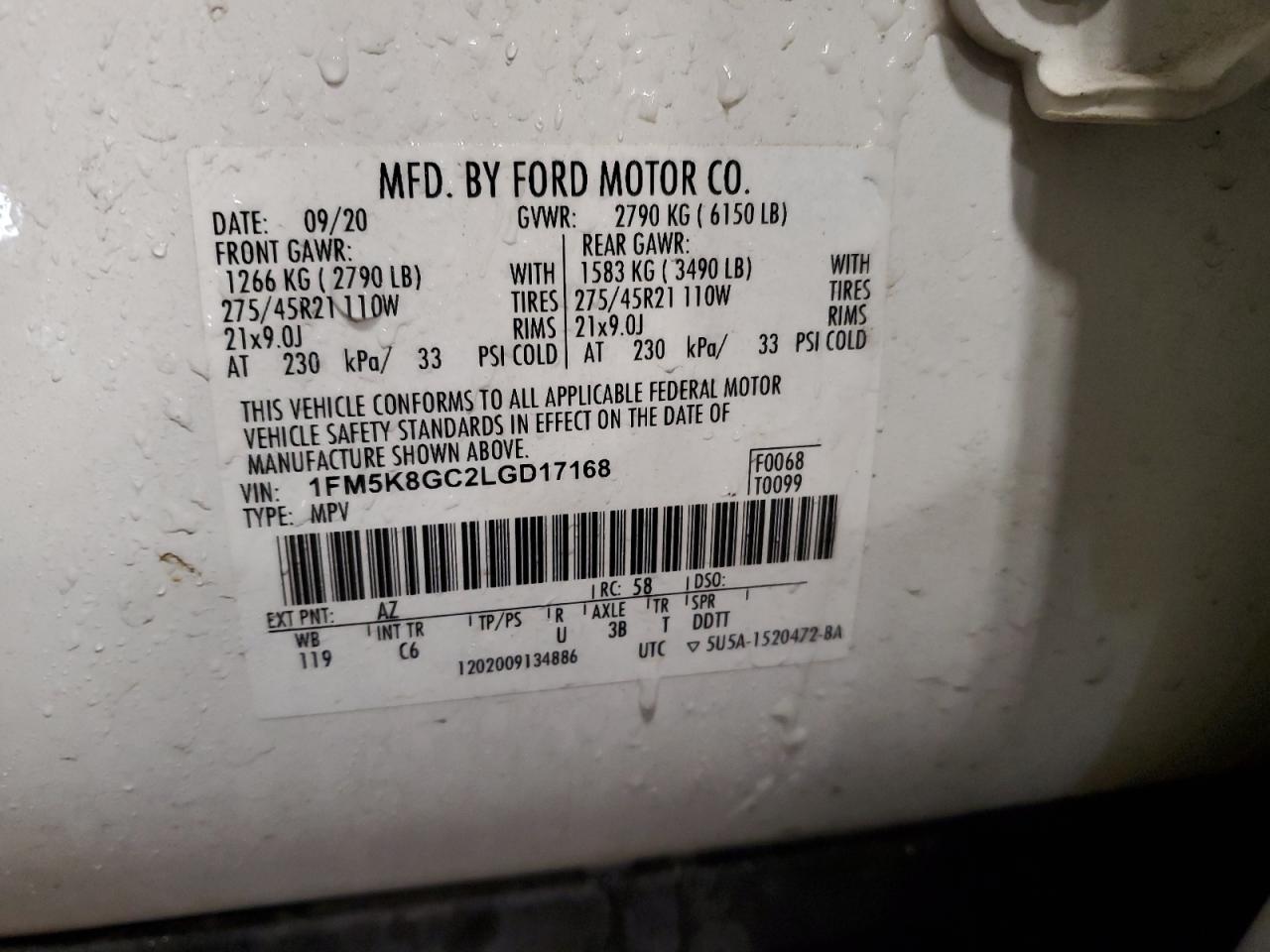 2020 Ford Explorer VIN 1FM5K8GC2LGD17168 Copart auction photo, front end damage thumbnail 13