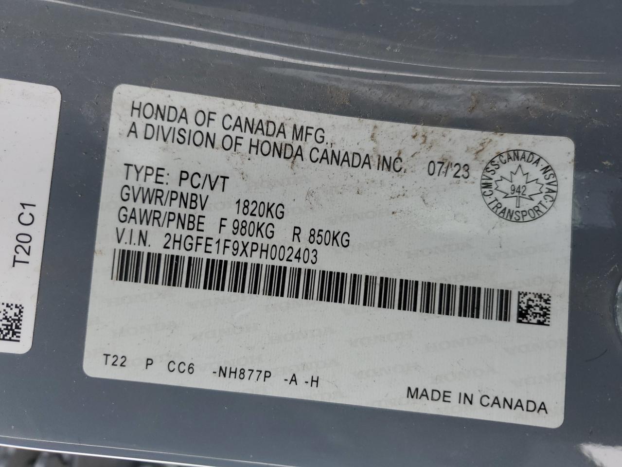 2023 Honda Civic VIN 2HGFE1F9XPH002403 Copart auction photo, front end / side damage thumbnail 12