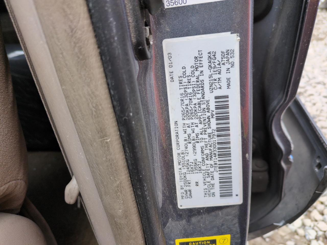 2003 Toyota 4Runner VIN JTEBT14R330017972 Copart auction photo, all over damage thumbnail 12
