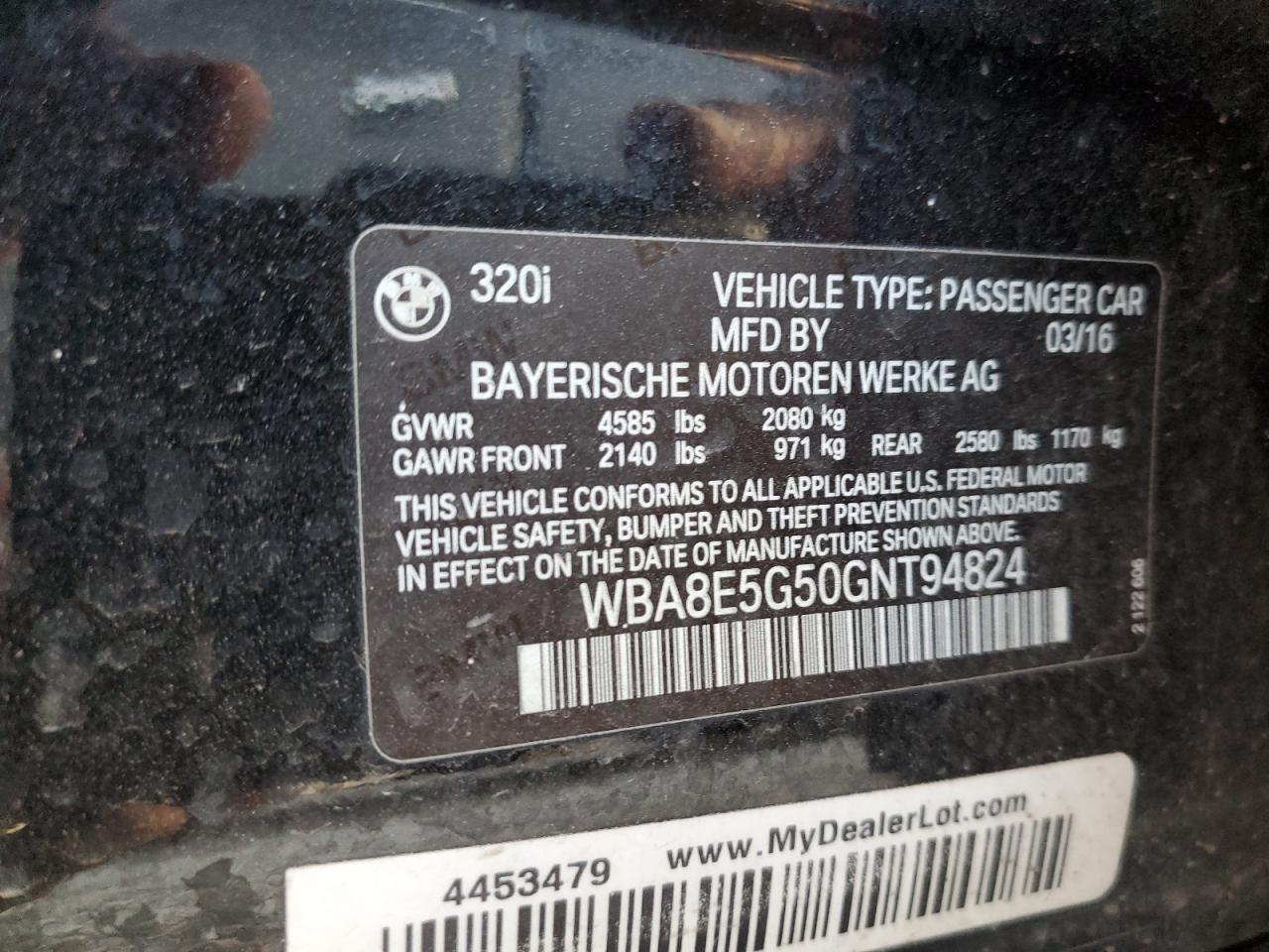 2016 BMW 3er VIN WBA8E5G50GNT94824 Copart auction photo, front end damage thumbnail 12