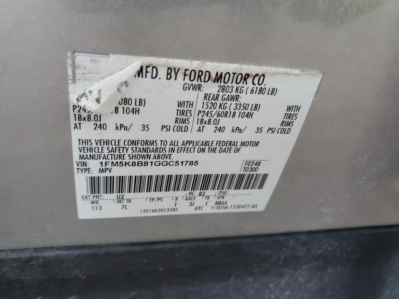 2016 Ford Explorer VIN 1FM5K8B81GGC51785 Copart auction photo, front end / side damage thumbnail 14