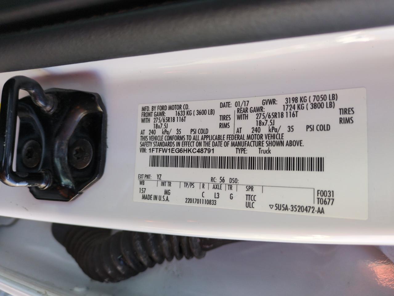 2017 Ford F-150 VIN 1FTFW1EG6HKC48791 Copart auction photo, front end damage thumbnail 13