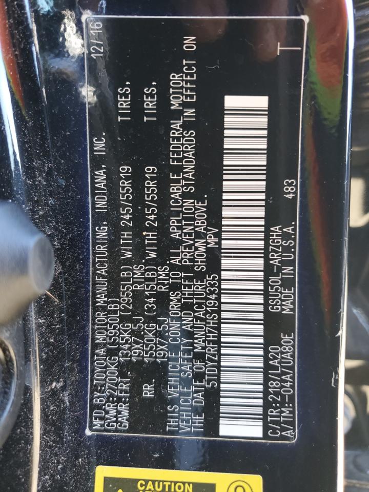 2017 Toyota Highlander VIN 5TDYZRFH7HS194335 Copart auction photo, front end / rear end damage thumbnail 15