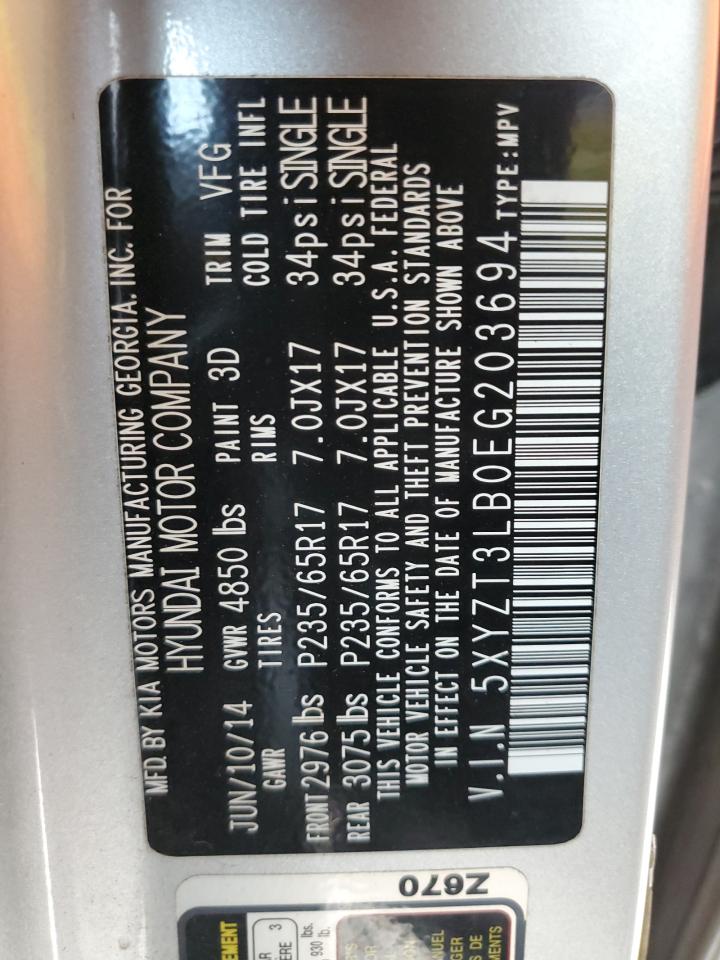 2014 Hyundai Santa Fe VIN 5XYZT3LB0EG203694 Copart auction photo, front end / front end damage thumbnail 14