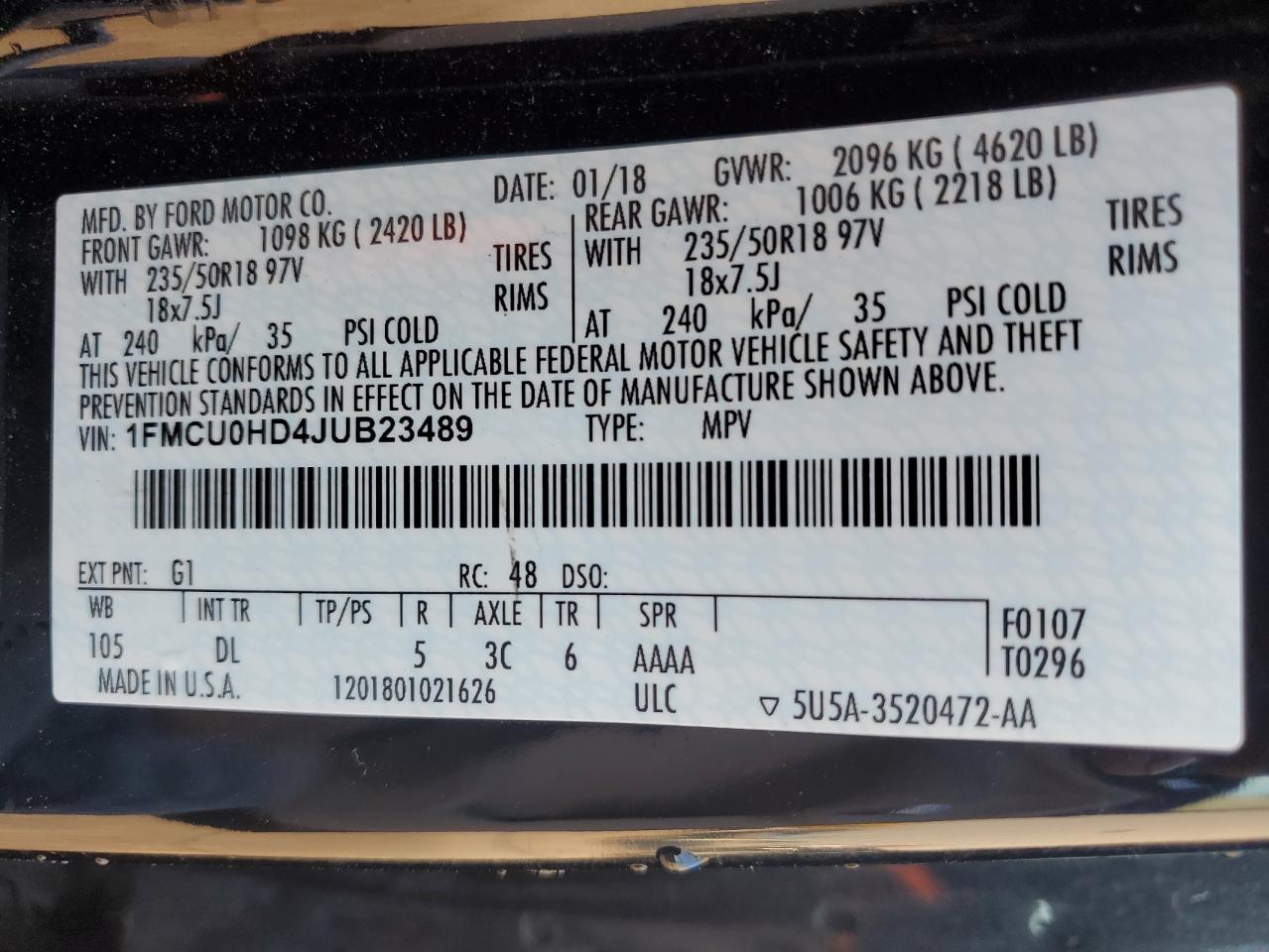 2018 Ford Escape VIN 1FMCU0HD4JUB23489 Copart auction photo, front end damage thumbnail 13
