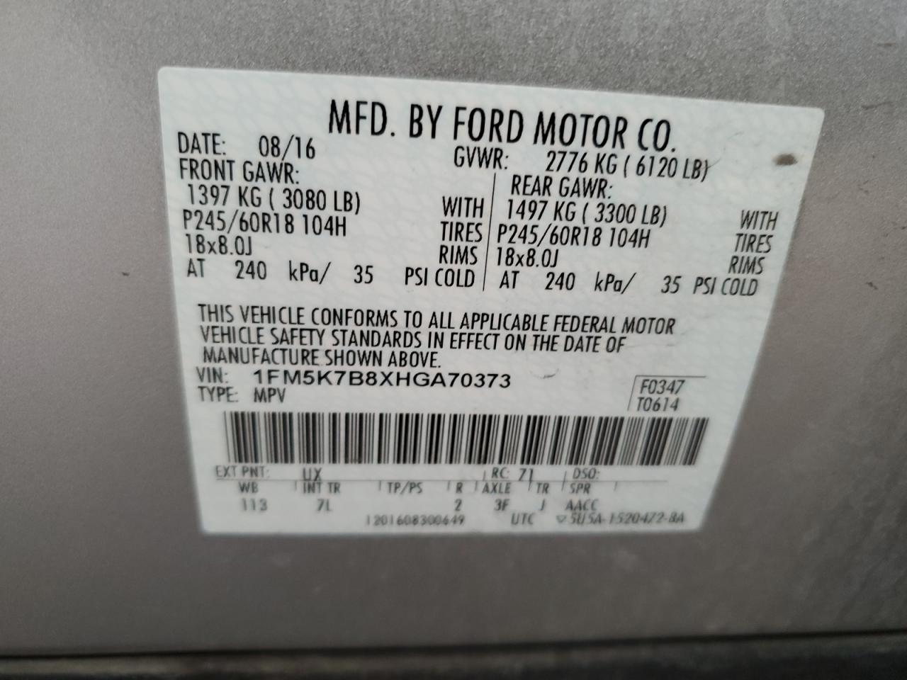 2017 Ford Explorer VIN 1FM5K7B8XHGA70373 Copart auction photo, front end damage thumbnail 15