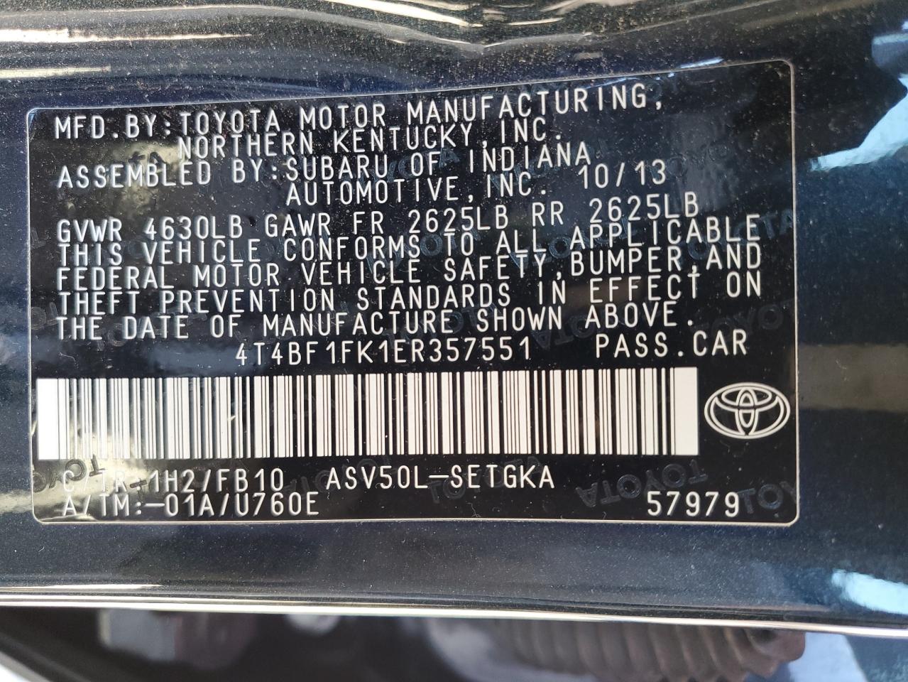 2014 Toyota Camry VIN 4T4BF1FK1ER357551 Copart auction photo, rear end damage thumbnail 12