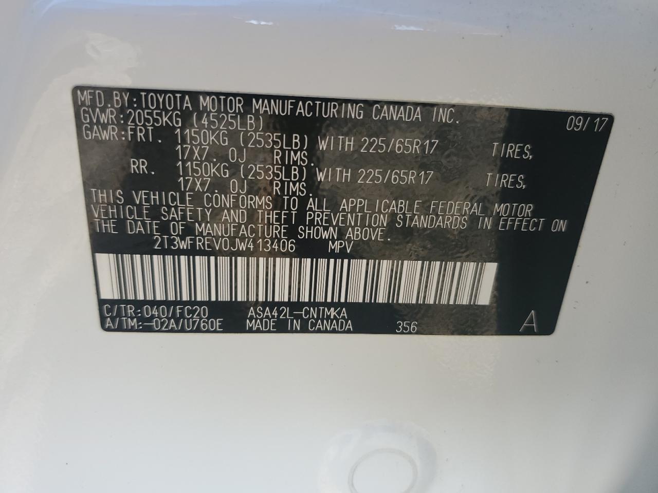 2018 Toyota RAV 4 VIN 2T3WFREV0JW413406 Copart auction photo, front end / rear end damage thumbnail 13