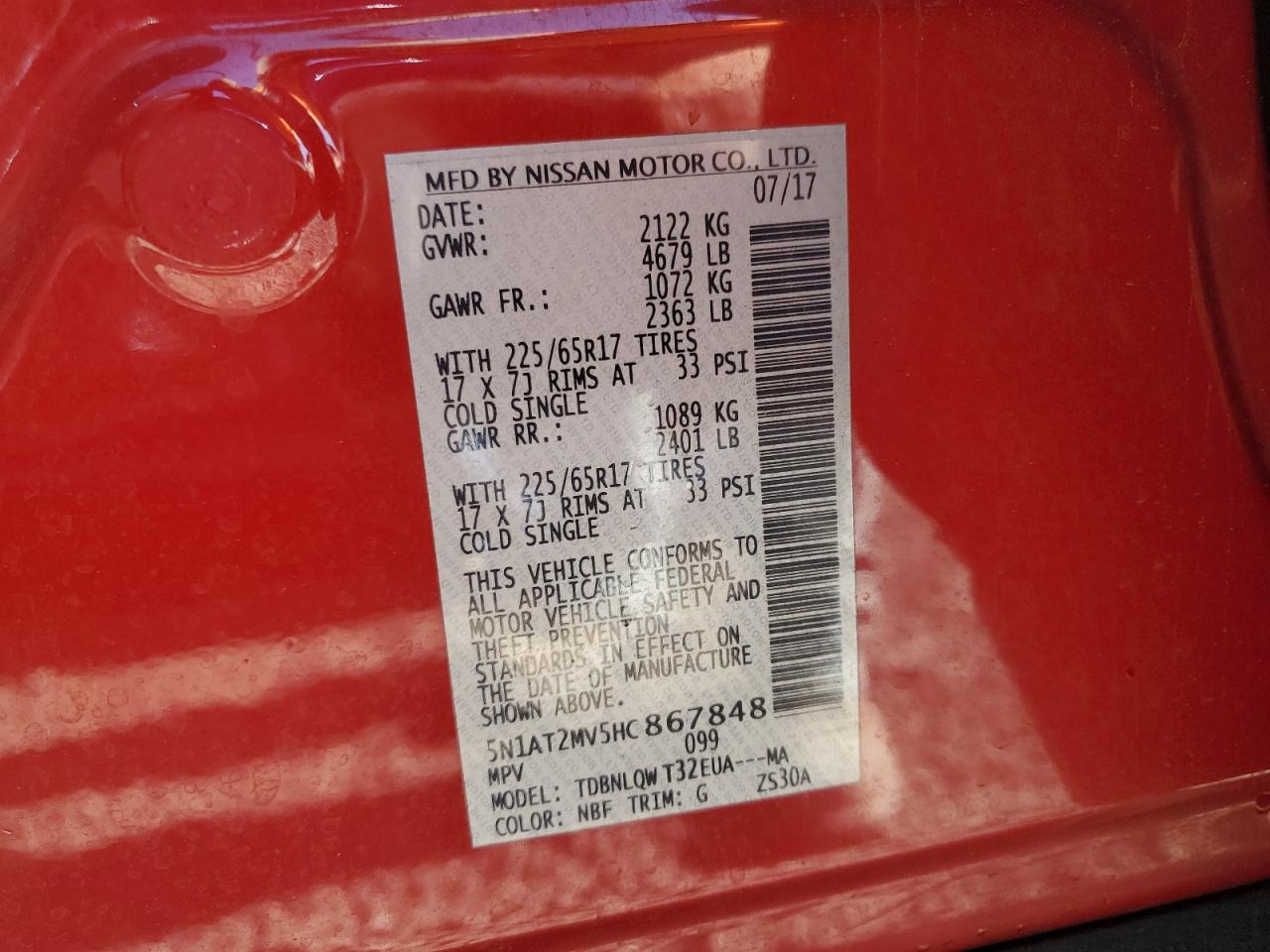 2017 Nissan Rogue VIN 5N1AT2MV5HC867848 Copart auction photo, front end damage thumbnail 13