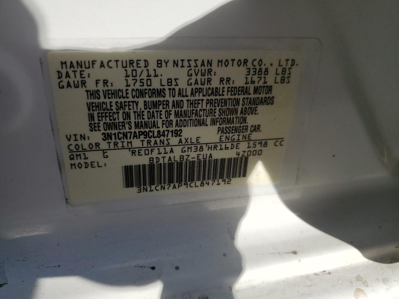 2012 Nissan Versa VIN 3N1CN7AP9CL847192 Copart auction photo, front end / side damage thumbnail 14