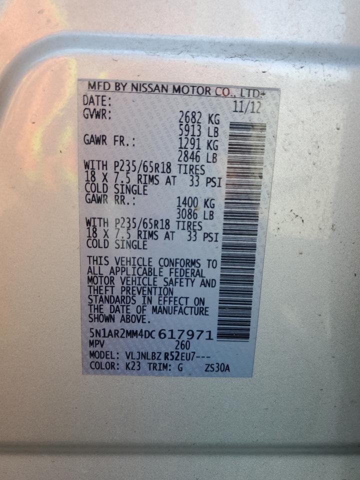 2013 Nissan Pathfinder VIN 5N1AR2MM4DC617971 Copart auction photo, rear end / front end damage thumbnail 13