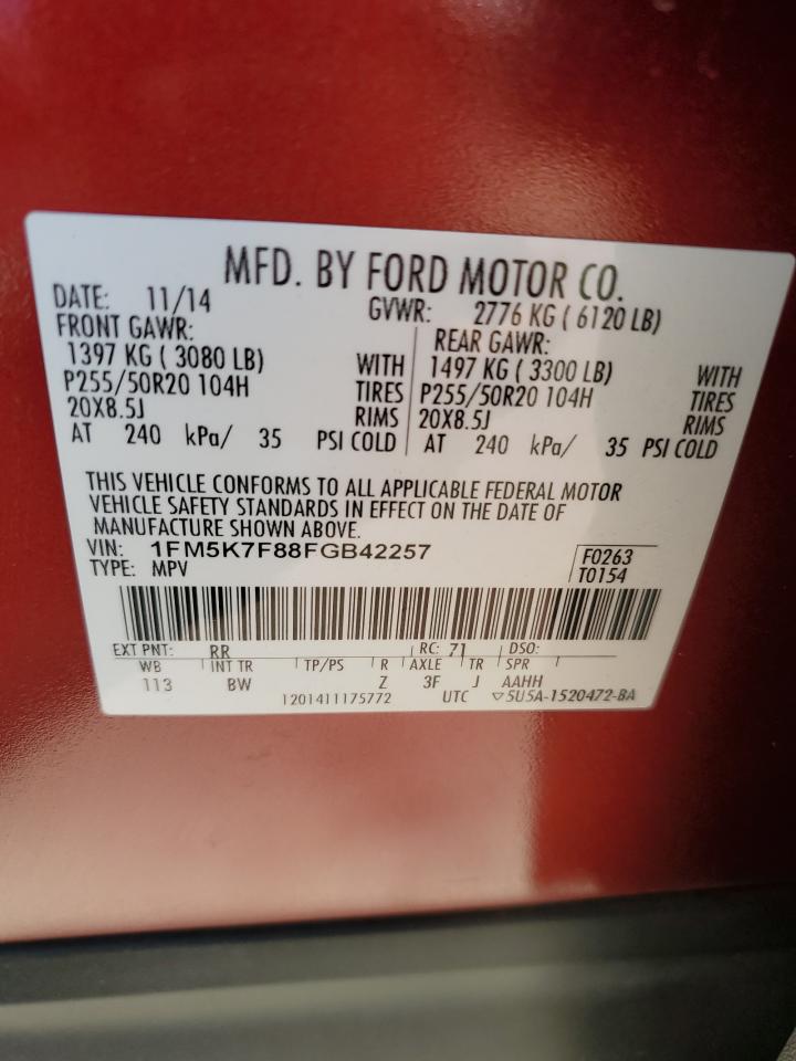 2015 Ford Explorer VIN 1FM5K7F88FGB42257 Copart auction photo, front end damage thumbnail 13
