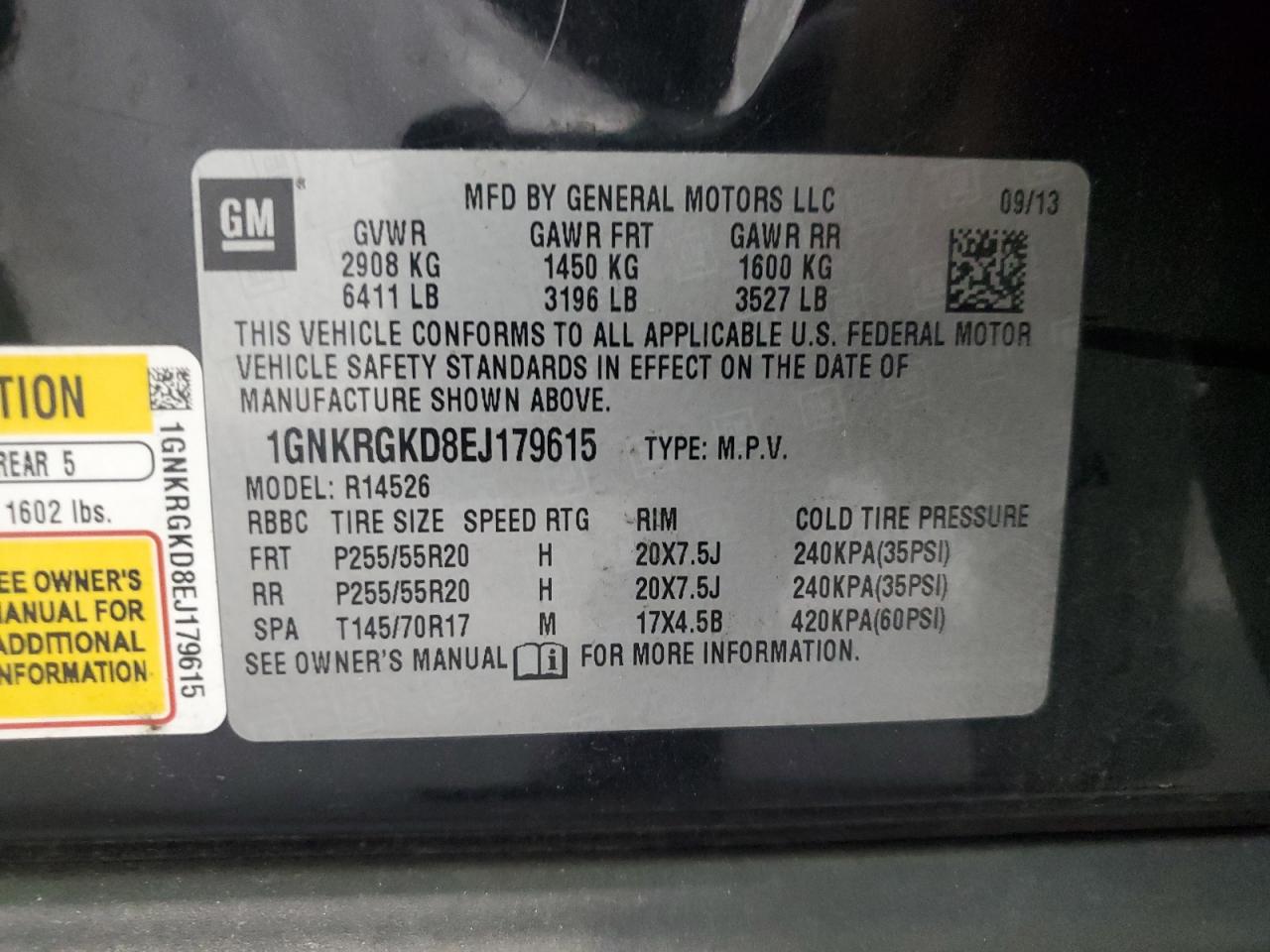 2014 Chevrolet Traverse VIN 1GNKRGKD8EJ179615 Copart auction photo, front end damage thumbnail 15