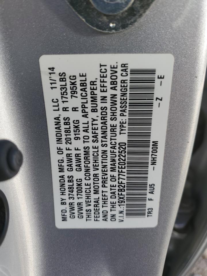 2015 Honda Civic VIN 19XFB2F77FE022520 Copart auction photo, rear end / minor dent/scratches damage thumbnail 12