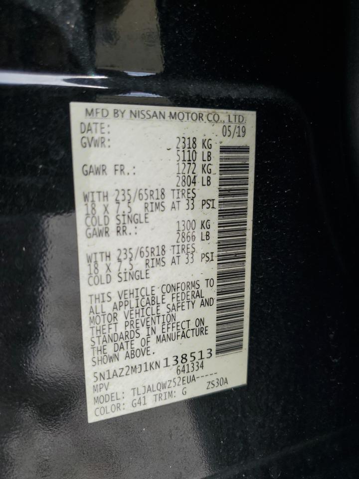 2019 Nissan Murano VIN 5N1AZ2MJ1KN138513 Copart auction photo, front end / rear end damage thumbnail 14
