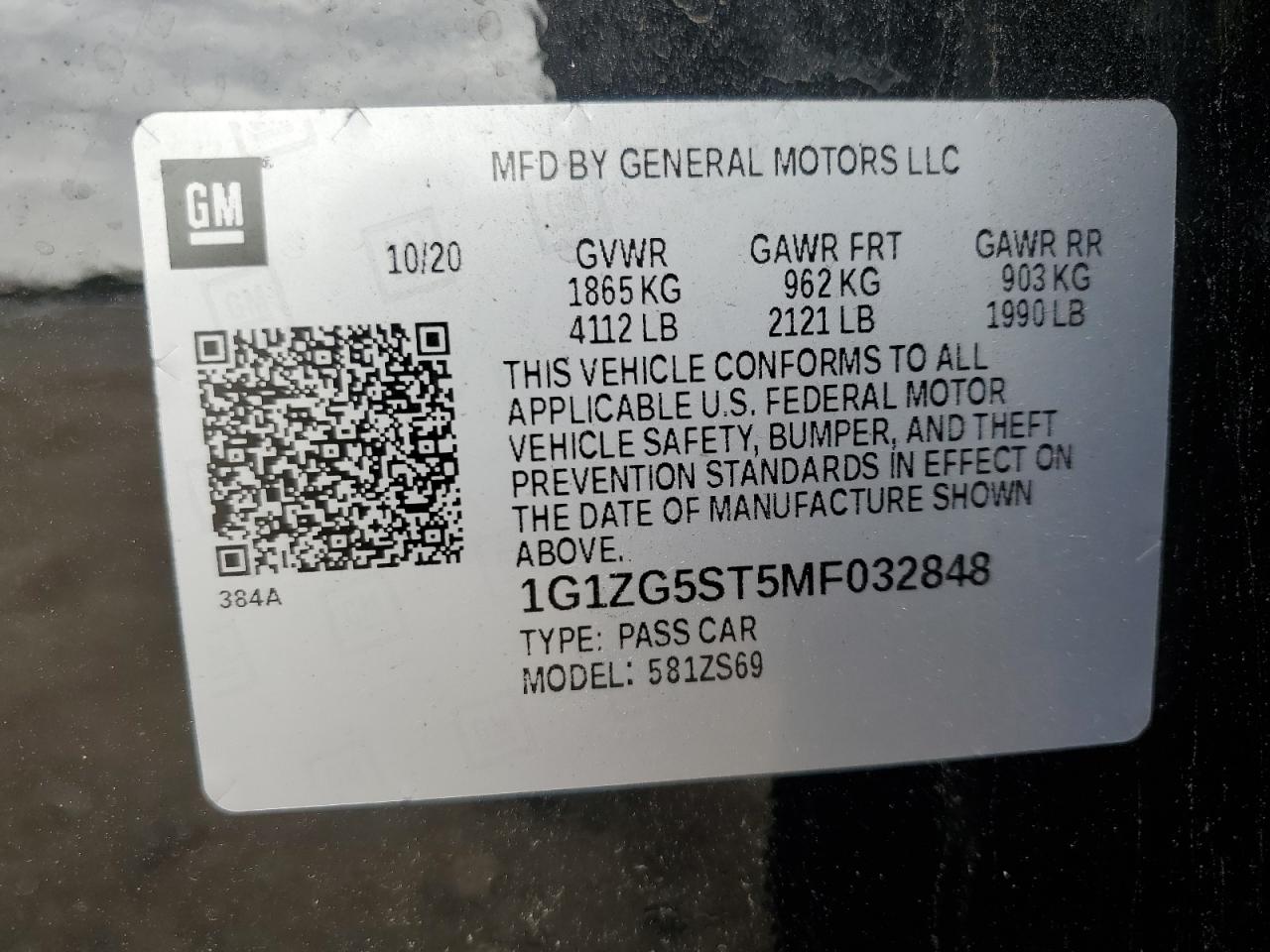 2021 Chevrolet Malibu VIN 1G1ZG5ST5MF032848 Copart auction photo, rear end / side damage thumbnail 12