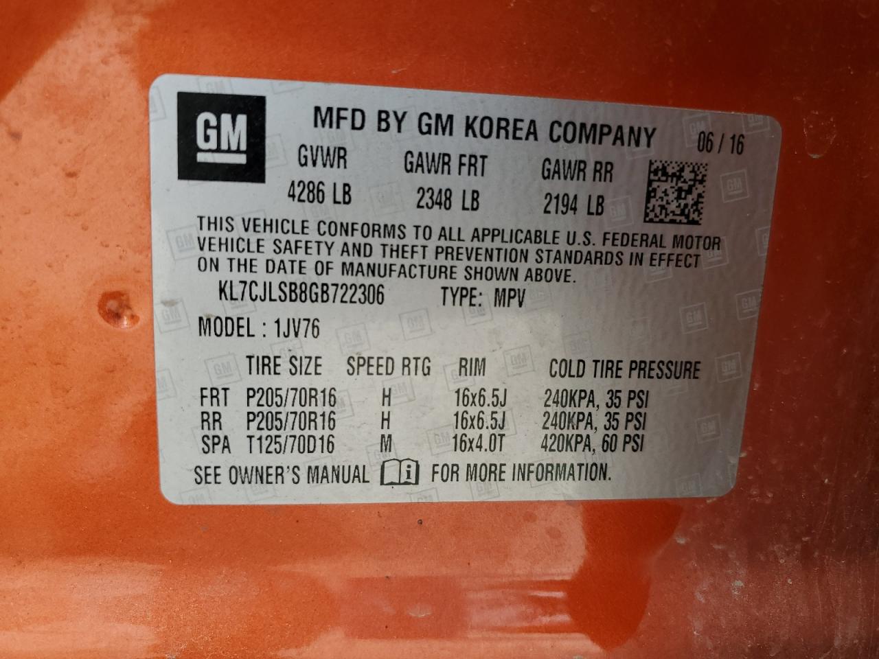 2016 Chevrolet Trax VIN KL7CJLSB8GB722306 Copart auction photo, front end damage thumbnail 15
