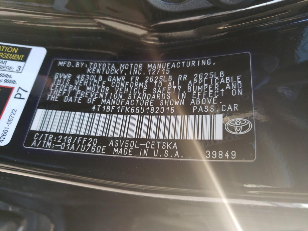 2016 Toyota Camry VIN 4T1BF1FK6GU182016 Copart auction photo, all over / frame damage damage thumbnail 13