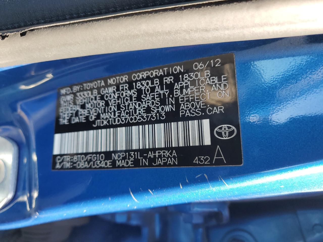 2012 Toyota Yaris VIN JTDKTUD37CD537313 Copart auction photo, front end damage thumbnail 13