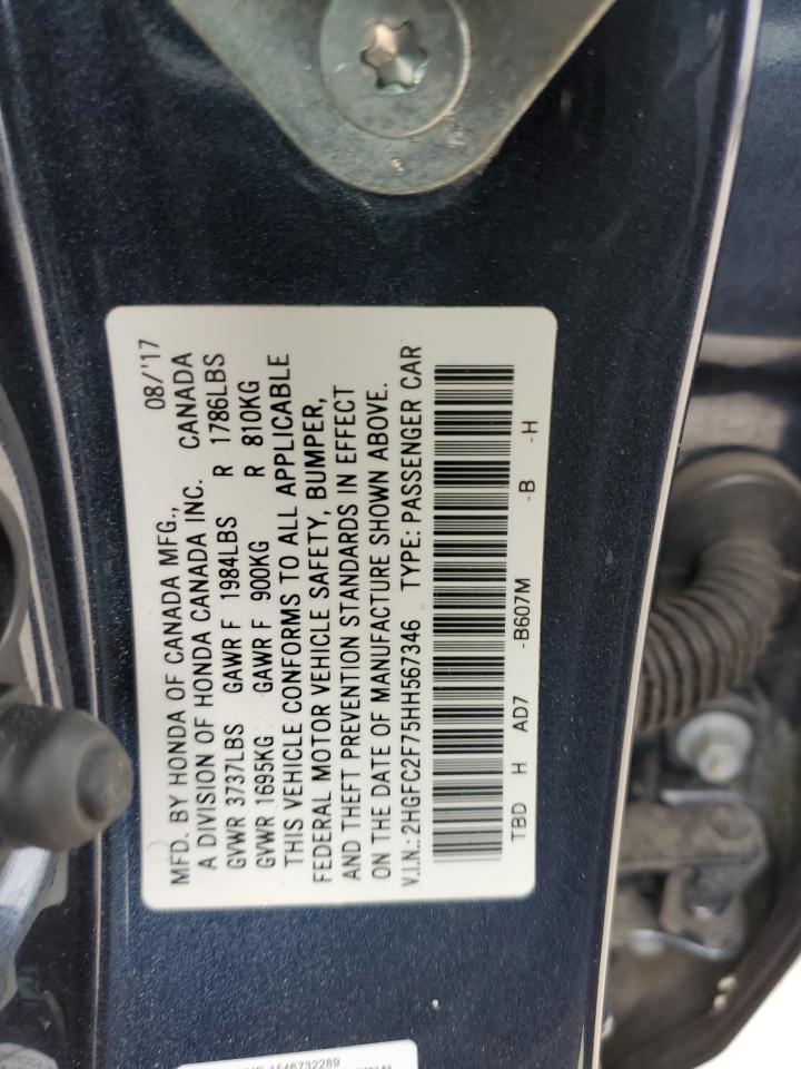 2017 Honda Civic VIN 2HGFC2F75HH567346 Copart auction photo, rear end / front end damage thumbnail 12
