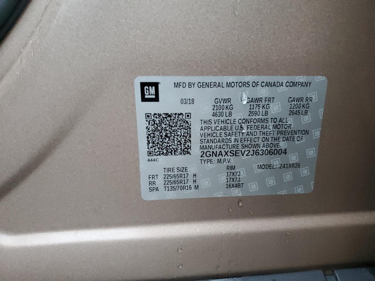 2018 Chevrolet Equinox VIN 2GNAXSEV2J6306004 Copart auction photo, side damage thumbnail 13
