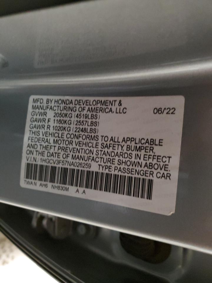 2022 Honda Accord VIN 1HGCV3F57NA026259 Copart auction photo, vandalism / front end damage thumbnail 12